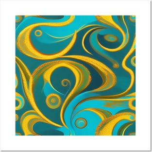 Abstract Turquoise and Gold Swirls Posters and Art